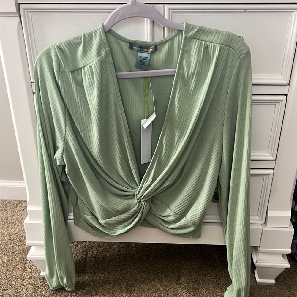 Good Luck Gem Green Tie Front Blouse with Long Sleeves and Relaxed Fit
